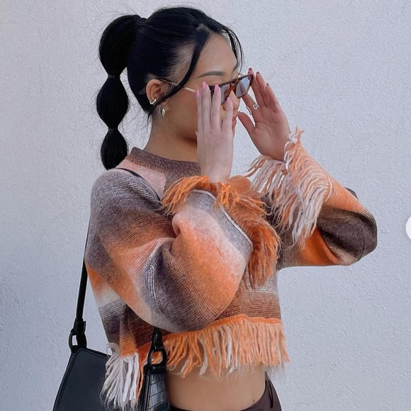 Zara Fringe Striped Cropped Sweater - New - Picture 7 of 16